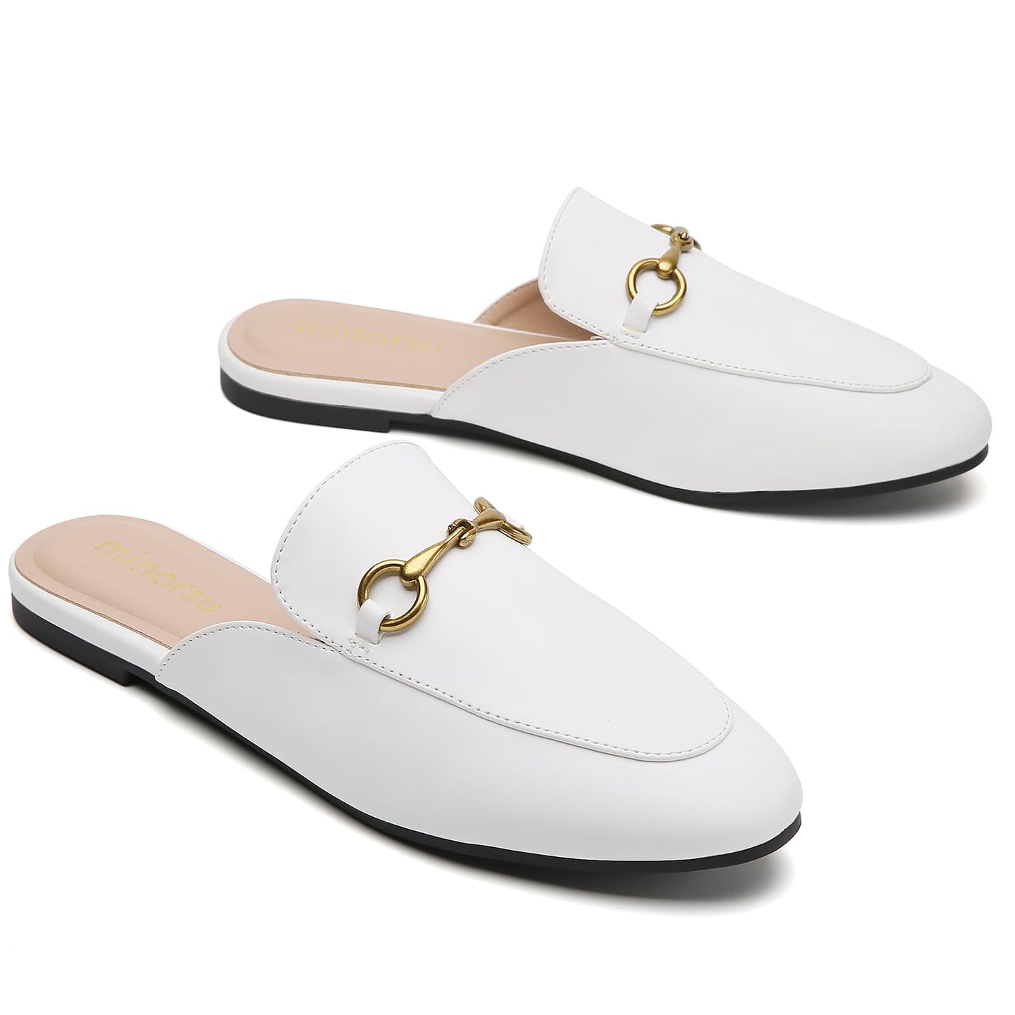 Minorsu Buckle Mules for Women Round Toe Backless Flat Mules Slides Mules Shoes Ladies Slip-on Loafers