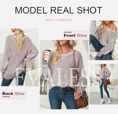 EVALESS Striped Sweaters for Women Boat Neck Batwing Sleeve Oversized Pullover Sweater Tops Womens Fall Clothes Outfits