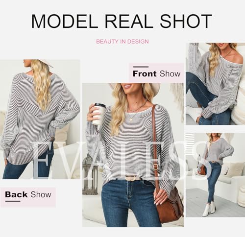 EVALESS Striped Sweaters for Women Boat Neck Batwing Sleeve Oversized Pullover Sweater Tops Womens Fall Clothes Outfits