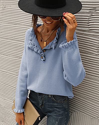 BTFBM 2024 Womens Sweaters Fall Winter Outfits Long Sleeve Button Down Ruffle Crew Neck Casual Knitted Pullover Tops