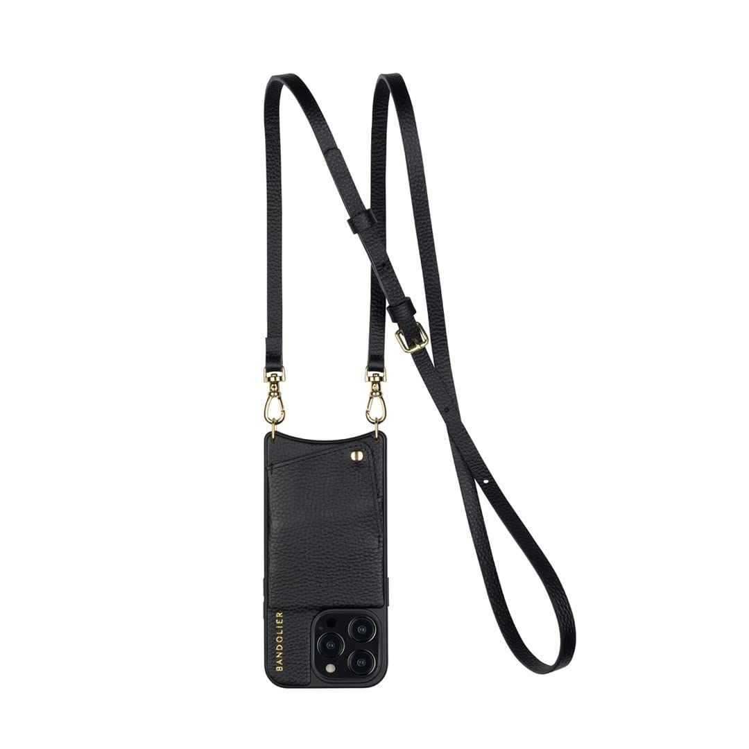 Bandolier Emma Crossbody Phone Case and Wallet for iPhone 15 Pro Max - Black Leather with Gold Detail