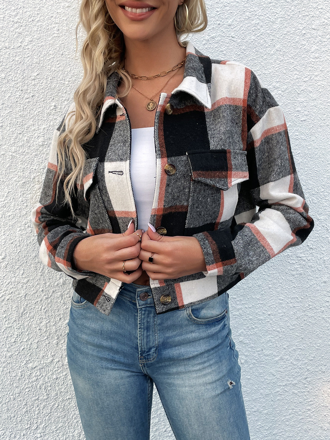 Perfee Plaid Button Up Drop Shoulder Cropped Jacket