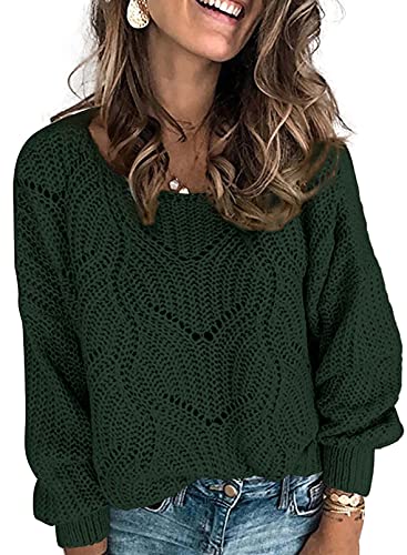 Dokotoo Womens Sweaters 2024 Cute Elegant Soft Crewneck Long Sleeve Hollow Cable Knit Pullover Tops