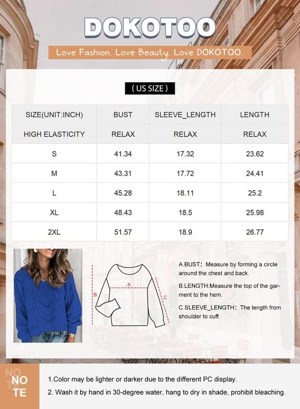 Dokotoo Womens Sweaters 2024 Cute Elegant Soft Crewneck Long Sleeve Hollow Cable Knit Pullover Tops