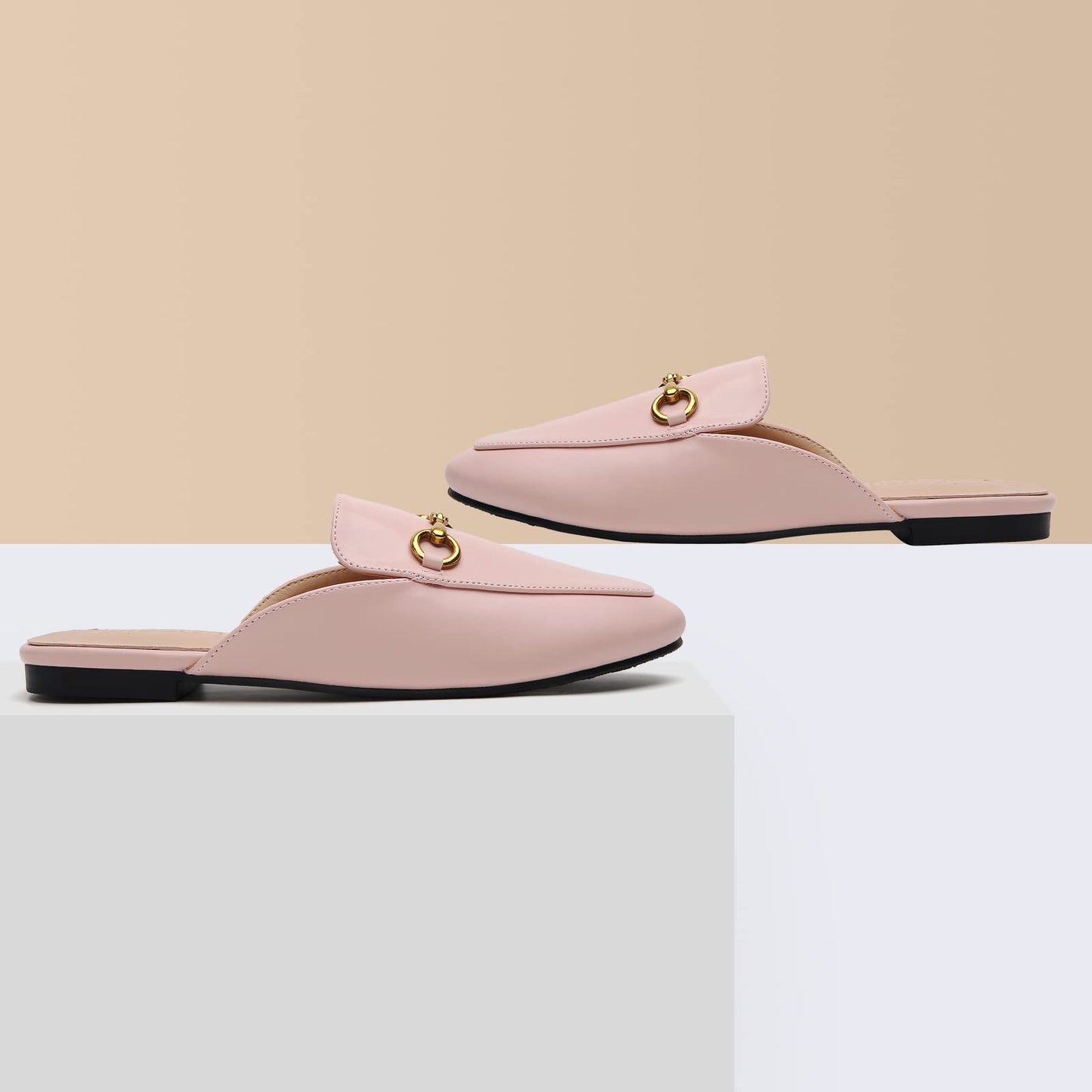 Minorsu Buckle Mules for Women Round Toe Backless Flat Mules Slides Mules Shoes Ladies Slip-on Loafers