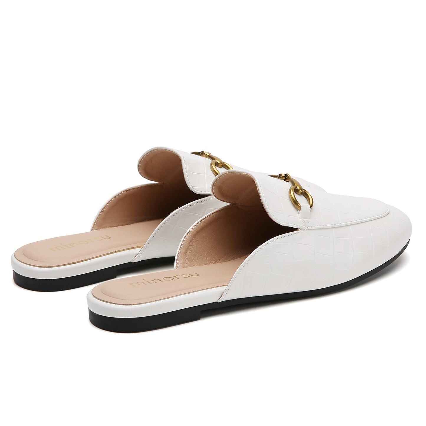 Minorsu Buckle Mules for Women Round Toe Backless Flat Mules Slides Mules Shoes Ladies Slip-on Loafers