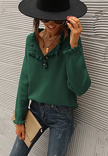 BTFBM 2024 Womens Sweaters Fall Winter Outfits Long Sleeve Button Down Ruffle Crew Neck Casual Knitted Pullover Tops