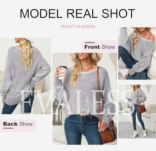 EVALESS Striped Sweaters for Women Boat Neck Batwing Sleeve Oversized Pullover Sweater Tops Womens Fall Clothes Outfits