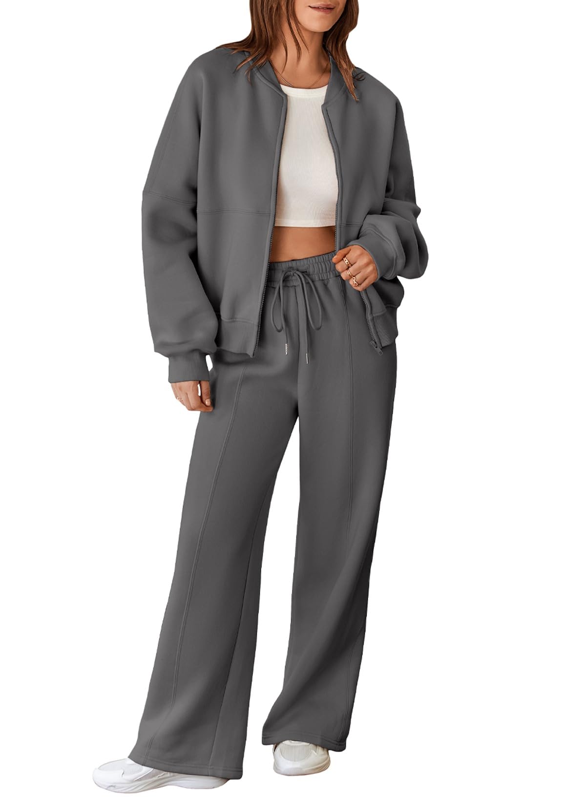 Aleumdr Women's 2 Piece Outfits Oversized Fleece Sweatsuit Zip Up Long Sleeve Sweatshirt with Wide Leg Sweatpants