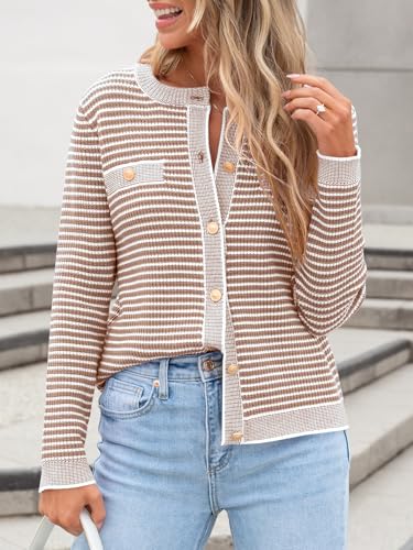 ANRABESS Women's Striped Cardigan Sweaters Casual Long Sleeve Open Front Button Down Knit Cropped Jackets Fall Coat Outerwear