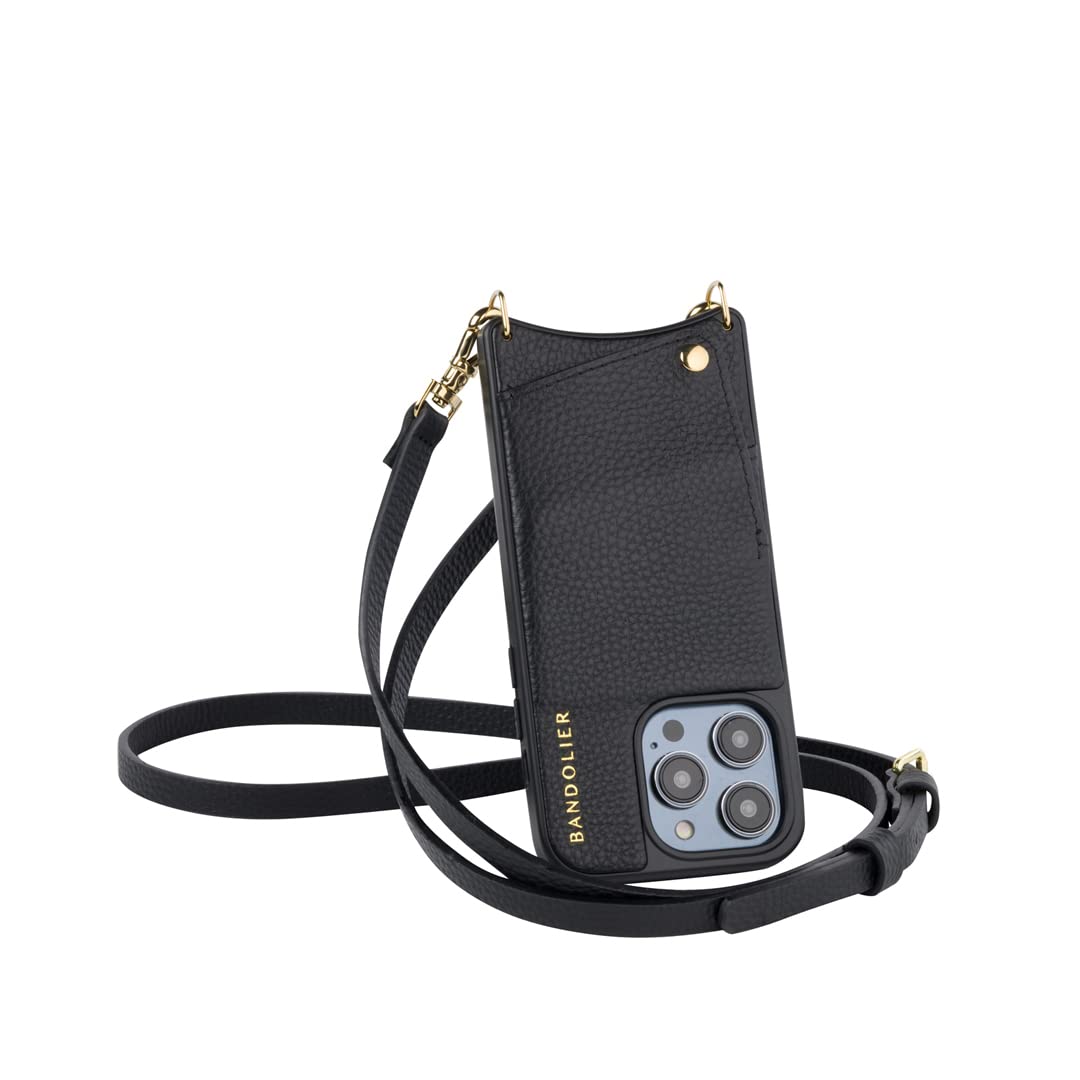 Bandolier Emma Crossbody Phone Case and Wallet for iPhone 15 Pro Max - Black Leather with Gold Detail