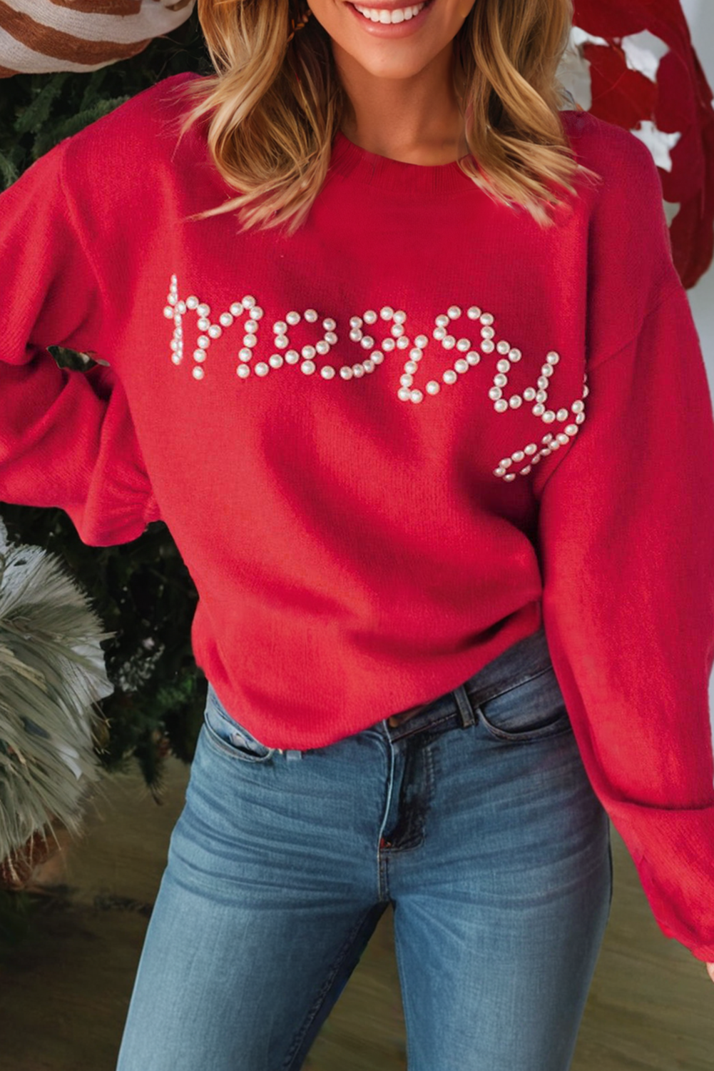 Little Daisy Closet - LDC Pearl Beaded Merry Casual Sweater: Fiery Red / S