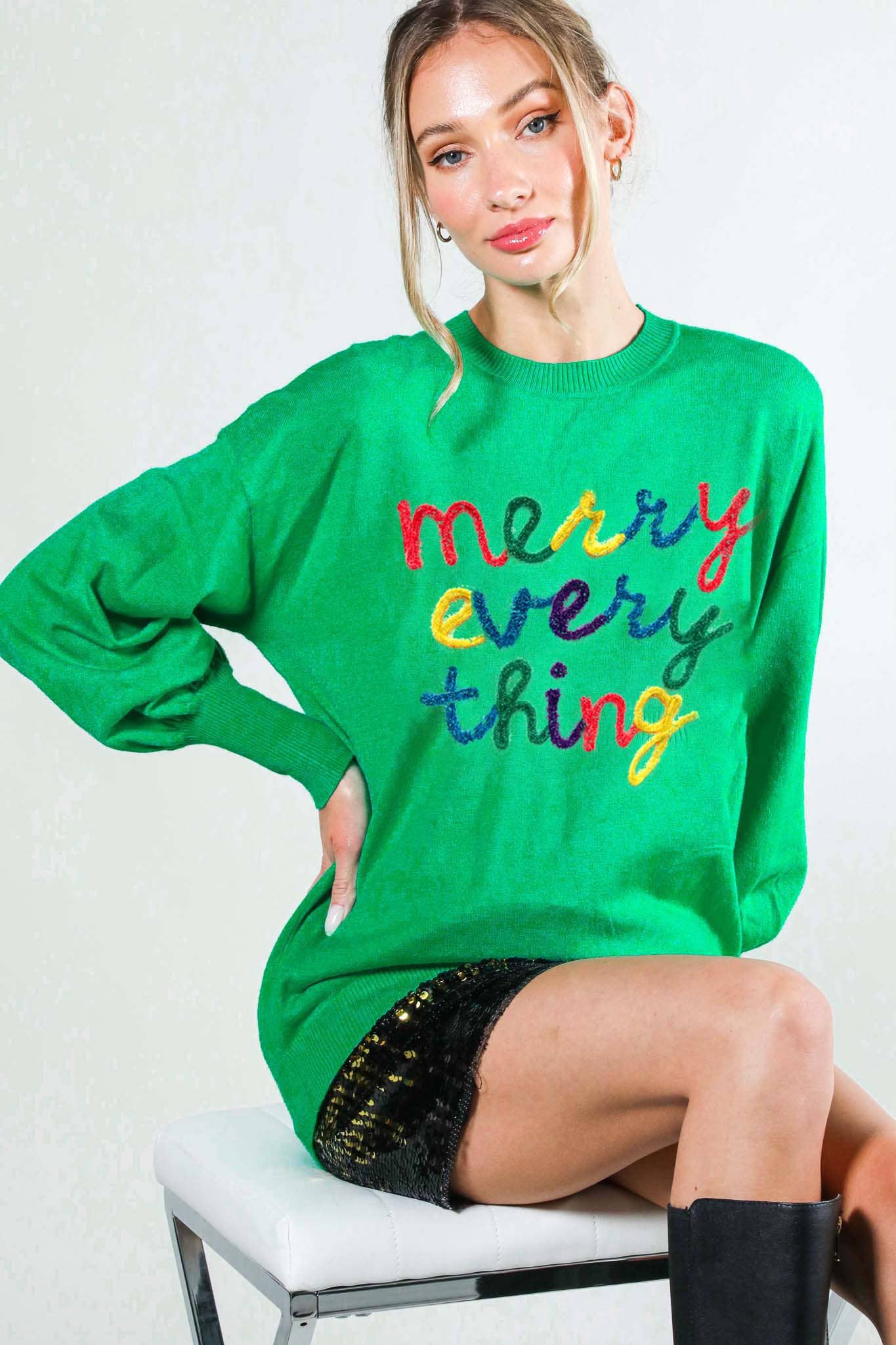 Vine & Love - Merry Everything Pop-Up Letter Graphic Knit Sweater VT81729