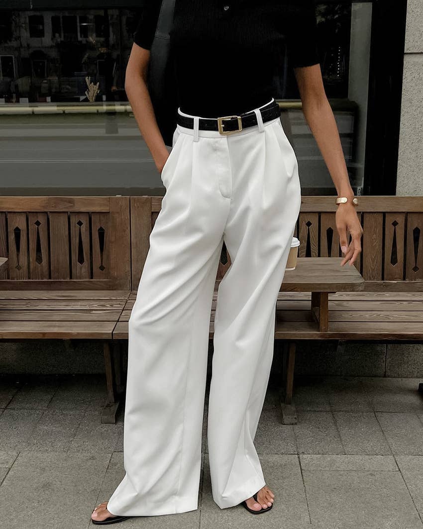 HIDDENBRAND - White High-Waisted Simple Casual Trousers: White / L