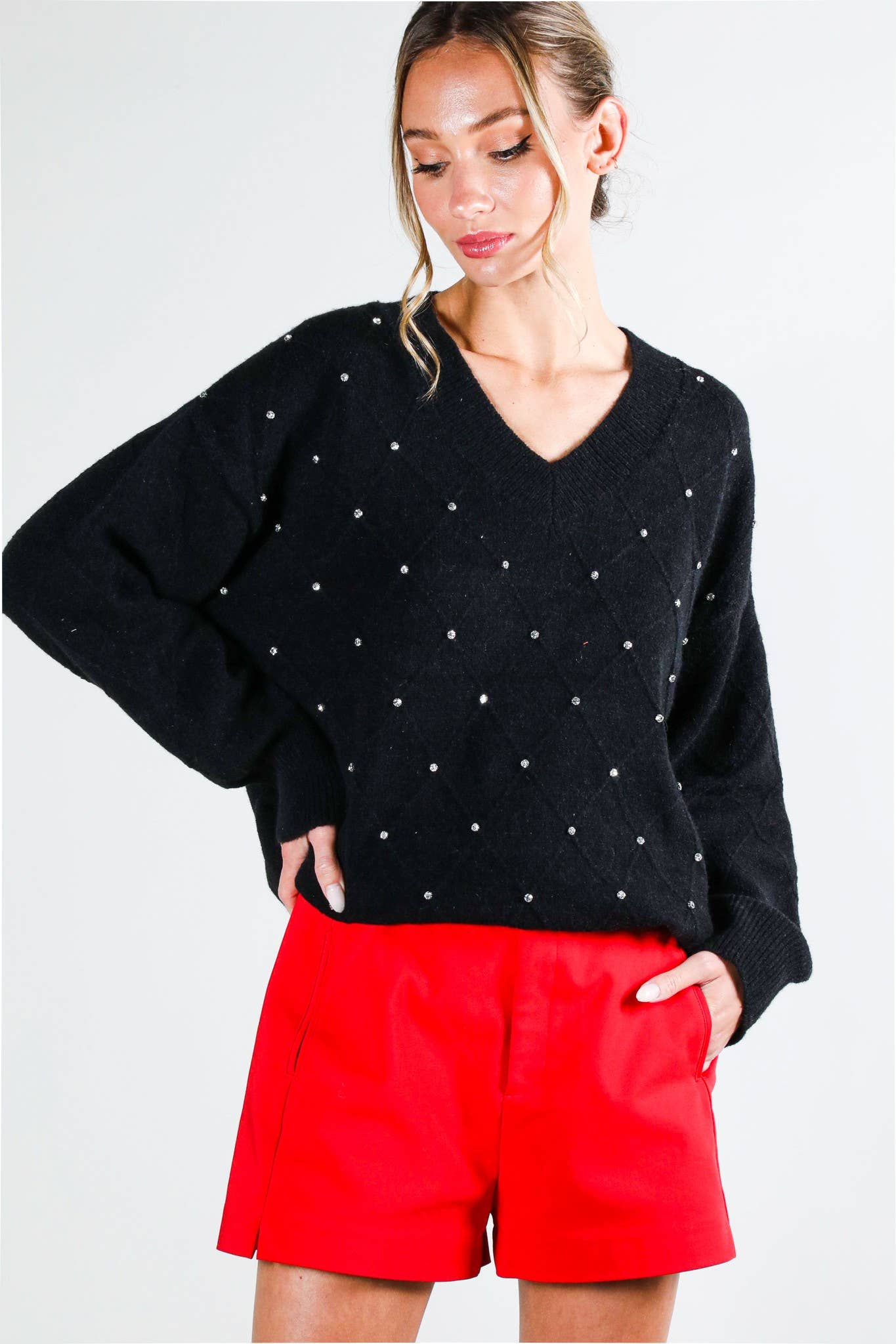 Vine & Love - V-Neck Rhinestone Trim Detail Knitted Sweater Top VT81546-1