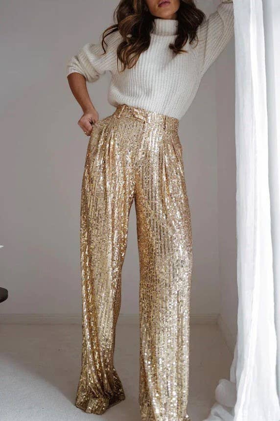 WISTERIA LANE - SEQUINS WIDE LEG PANTS - GOLD 2406