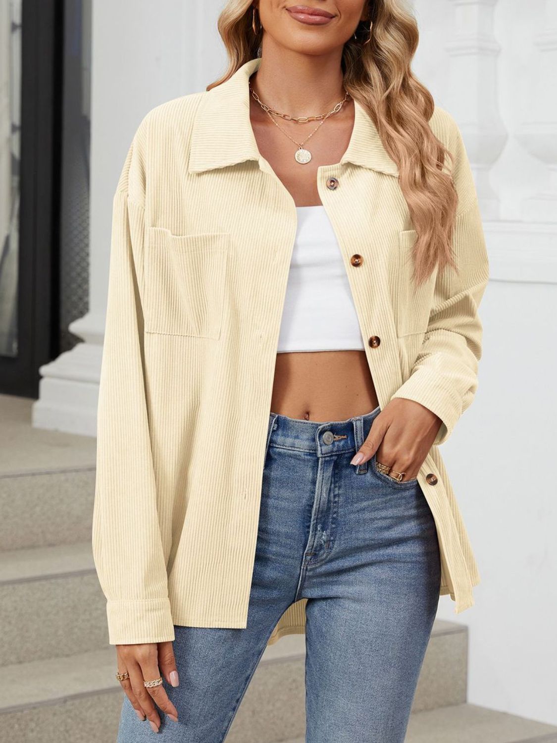 Button Up Dropped Shoulder Long Sleeve Outerwear