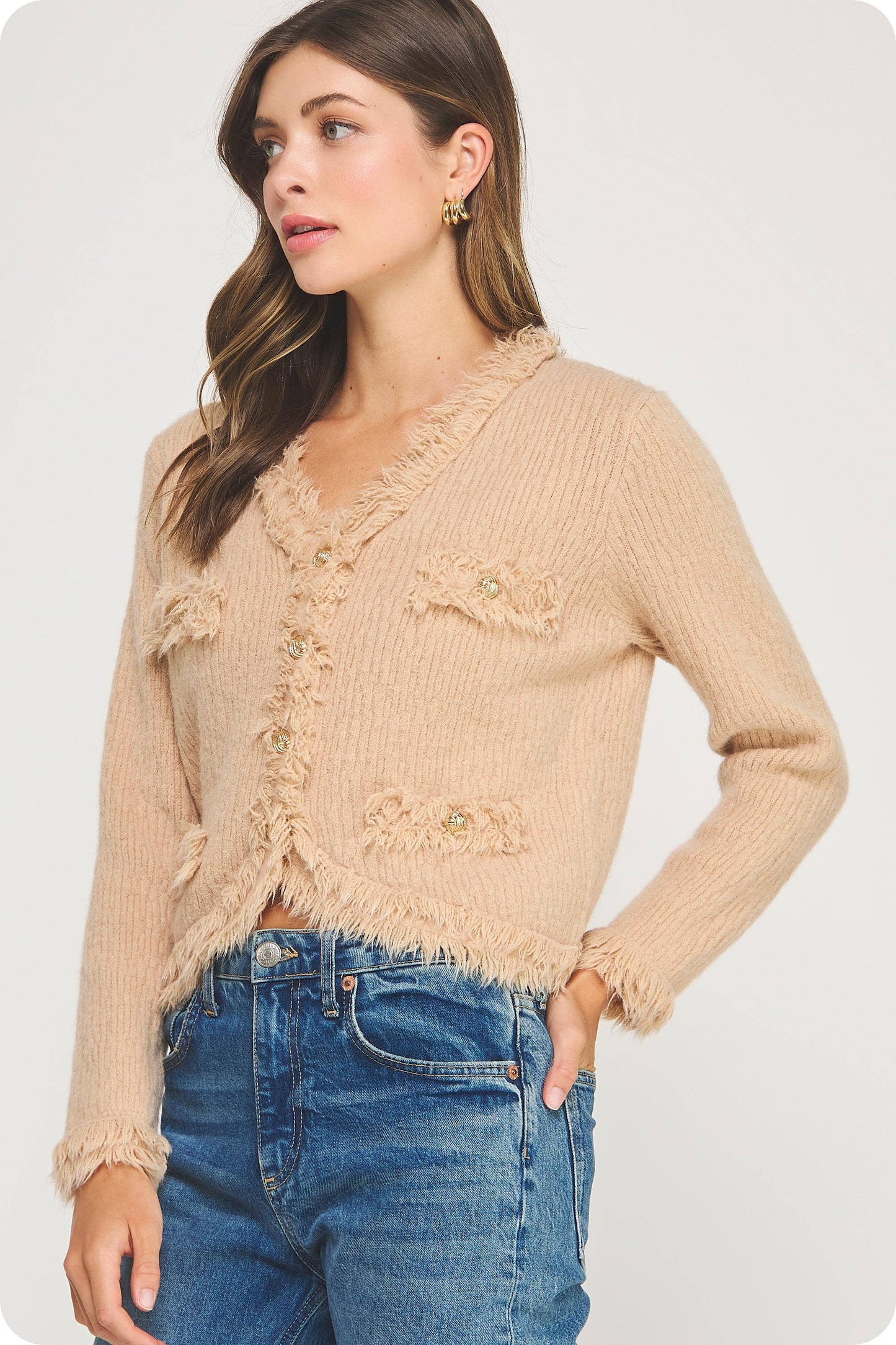 Strut & Bolt - Frayed Trim Textured Cardigan