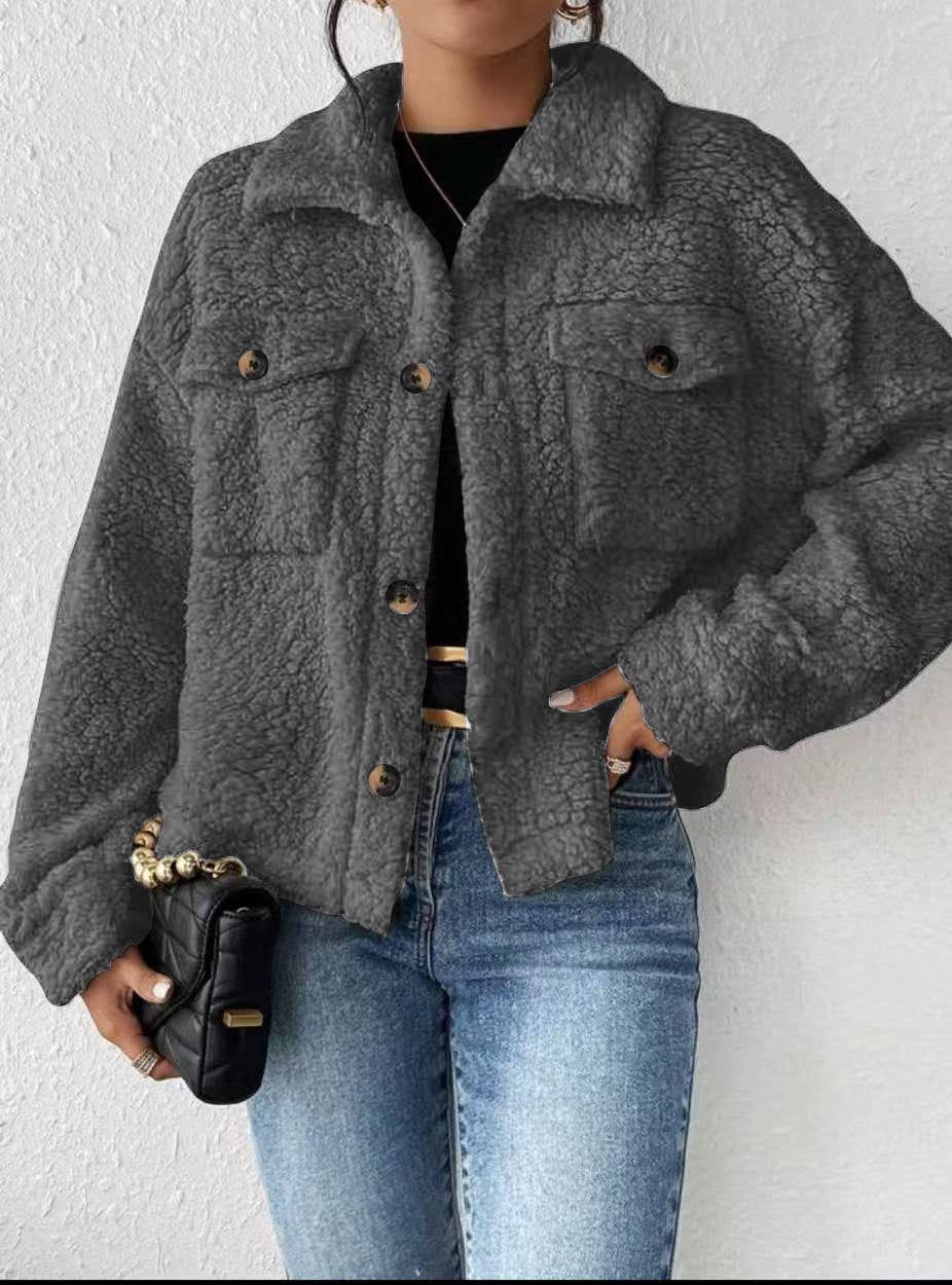 Miss Sparkling - Collared Button Faux Fur Short Coat