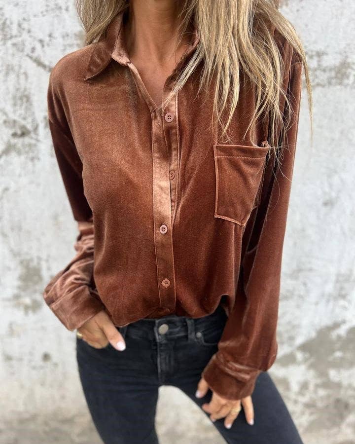 Rosa Clothing - Retro Single-Breasted Velvet Shirt: Coffee / M