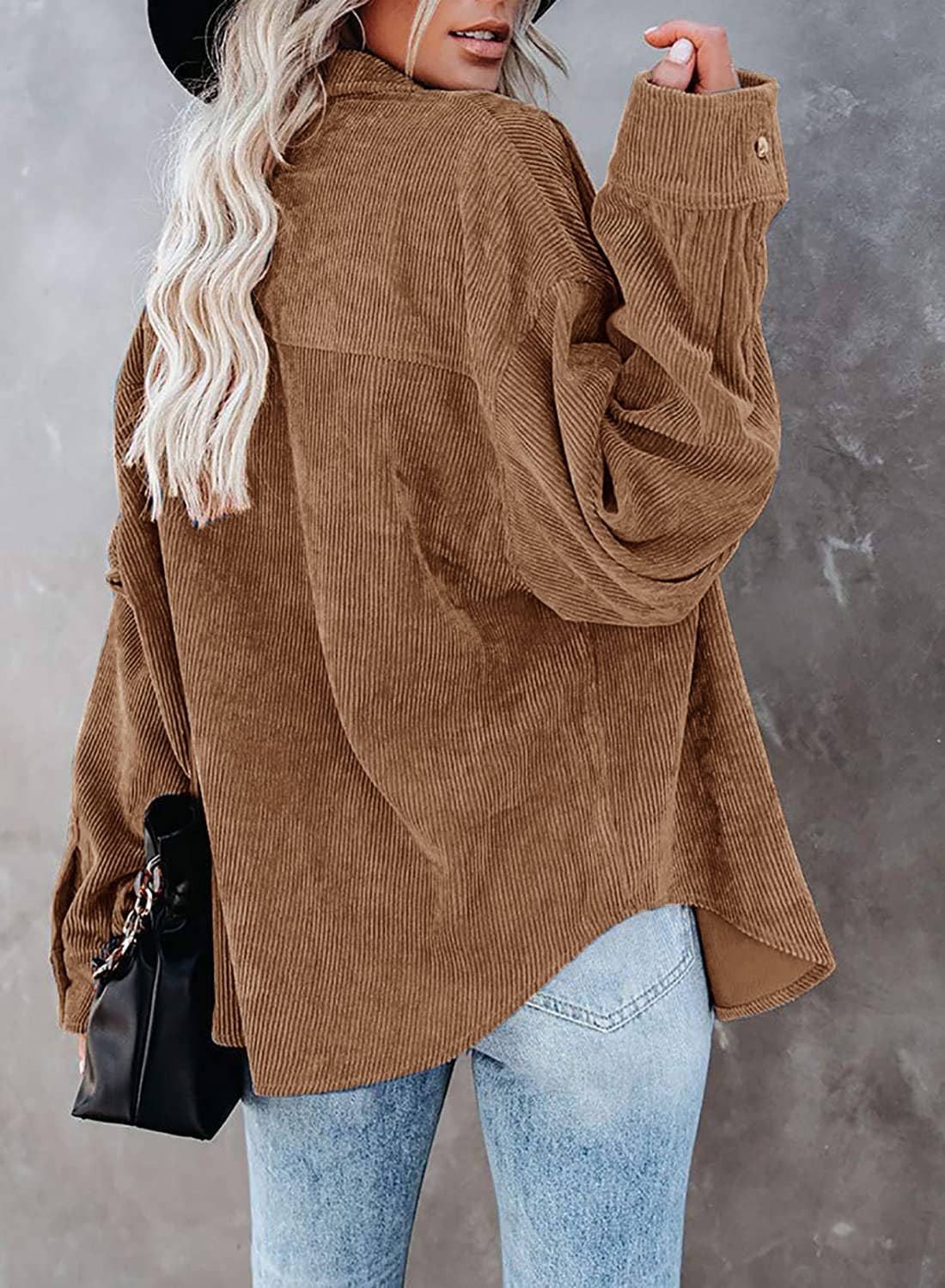 Rosa Clothing - Corduroy Oversized Solid Shacket: Caramel / S