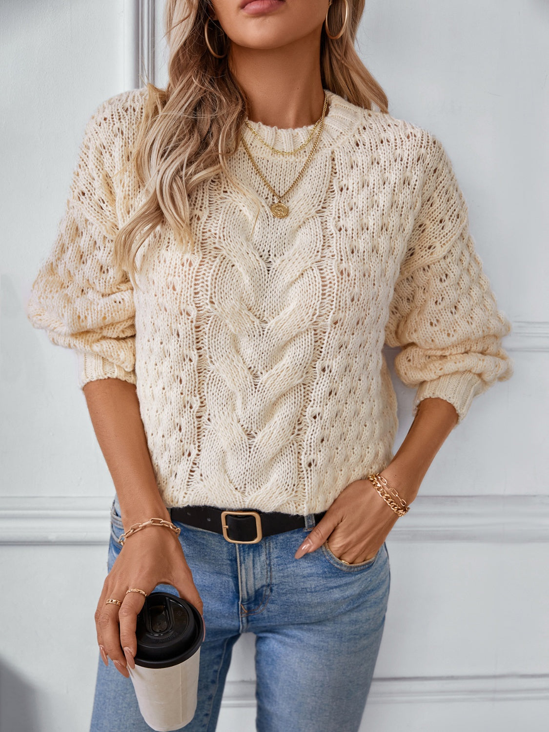 Cable-Knit Round Neck Long Sleeve Sweater