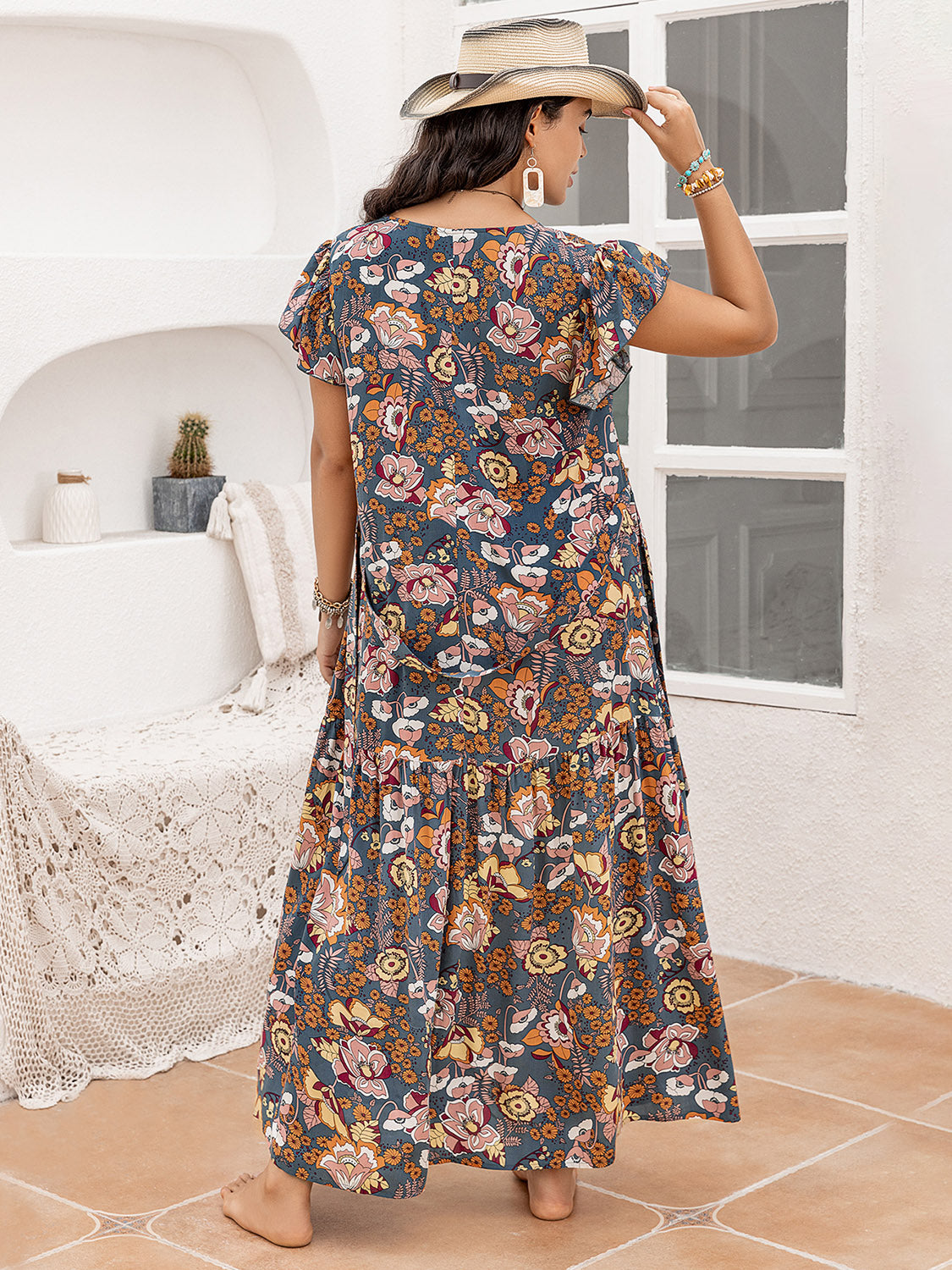 Plus Size Ruffled Printed Cap Sleeve Dress