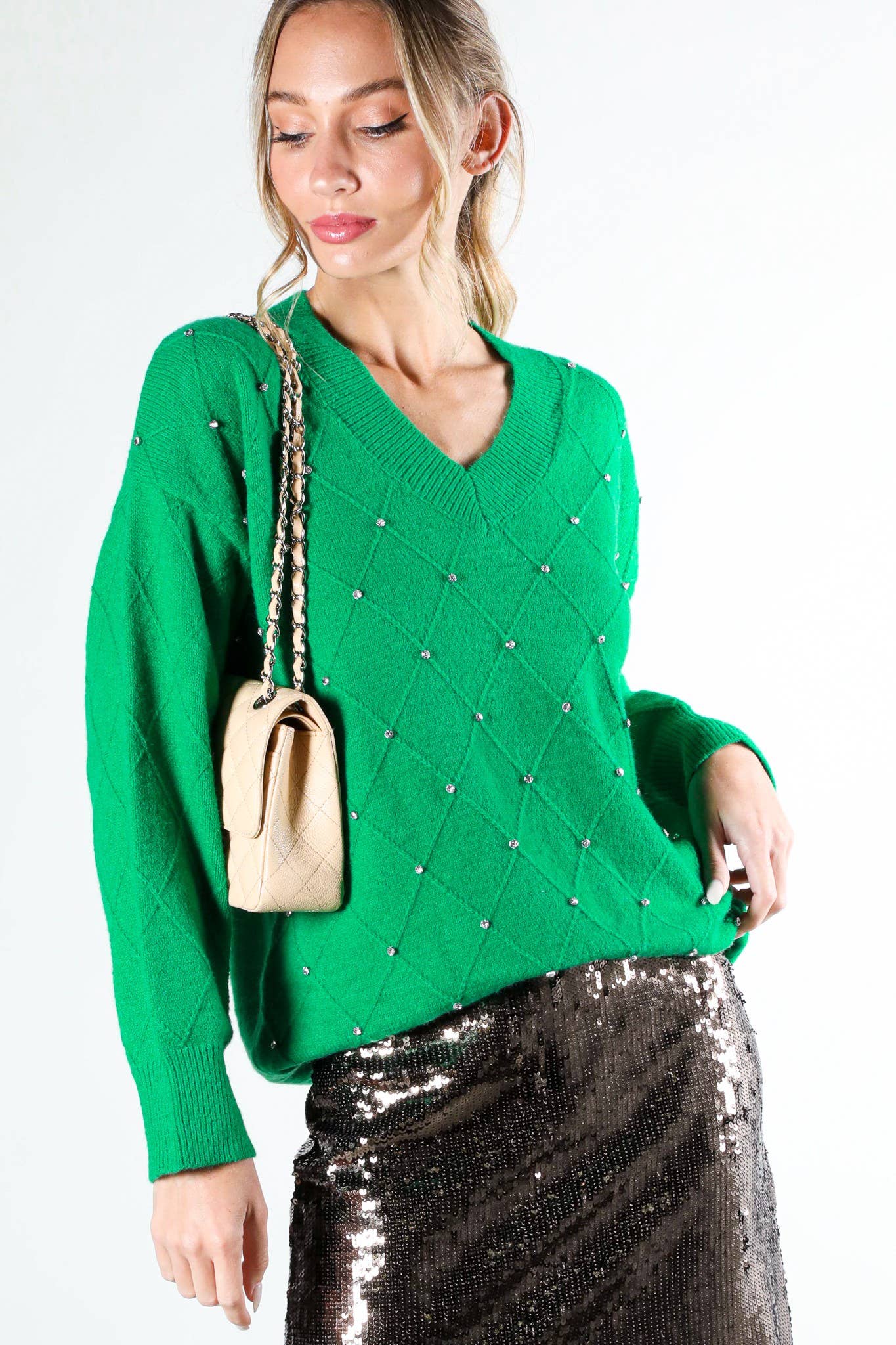 Vine & Love - V-Neck Rhinestone Trim Detail Knitted Sweater Top VT81546-1