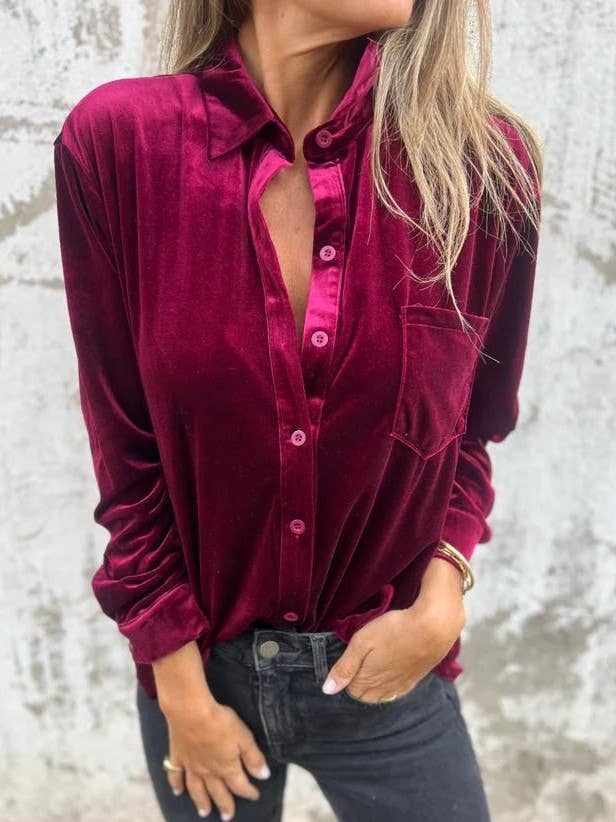 Rosa Clothing - Retro Single-Breasted Velvet Shirt: Coffee / L