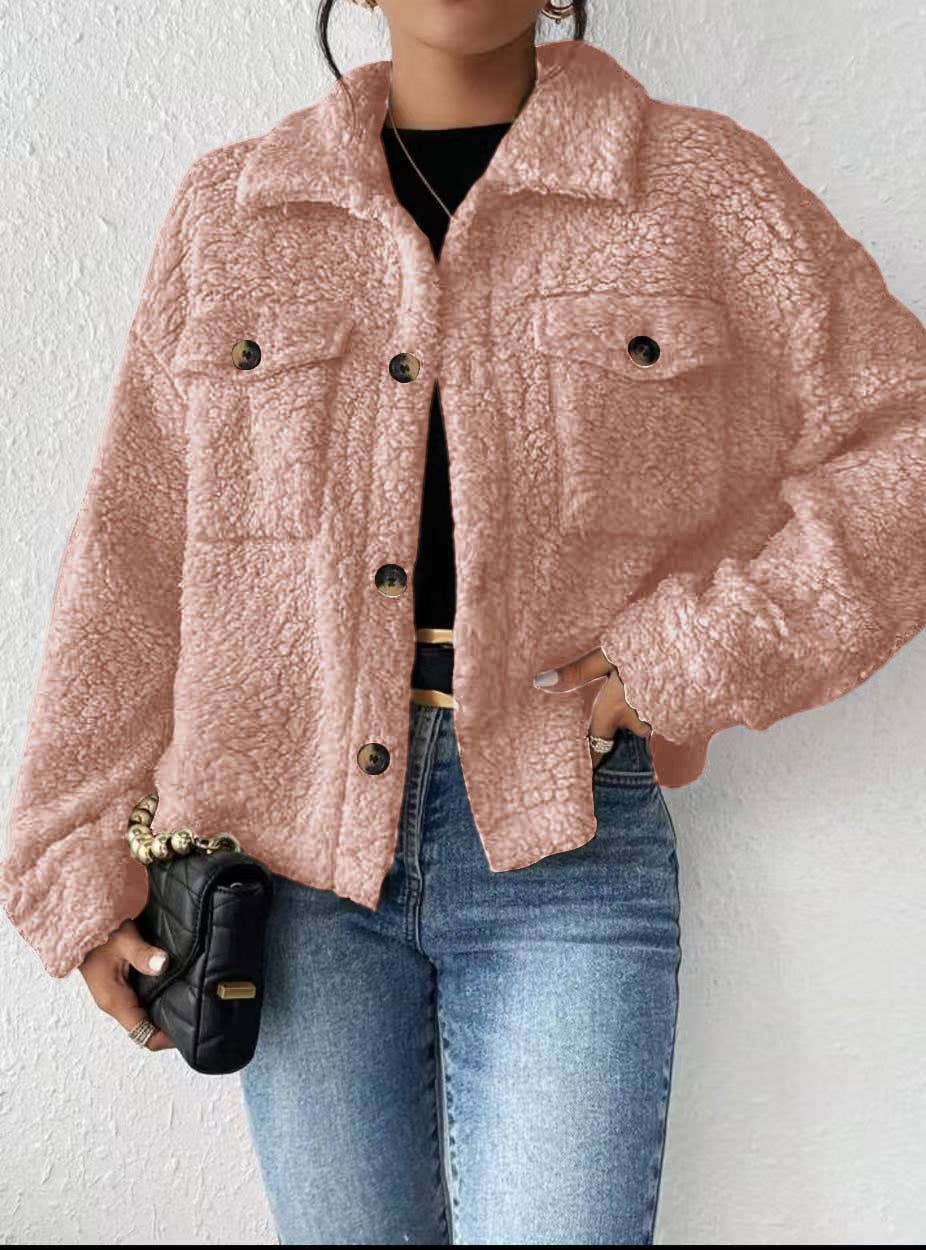 Miss Sparkling - Collared Button Faux Fur Short Coat