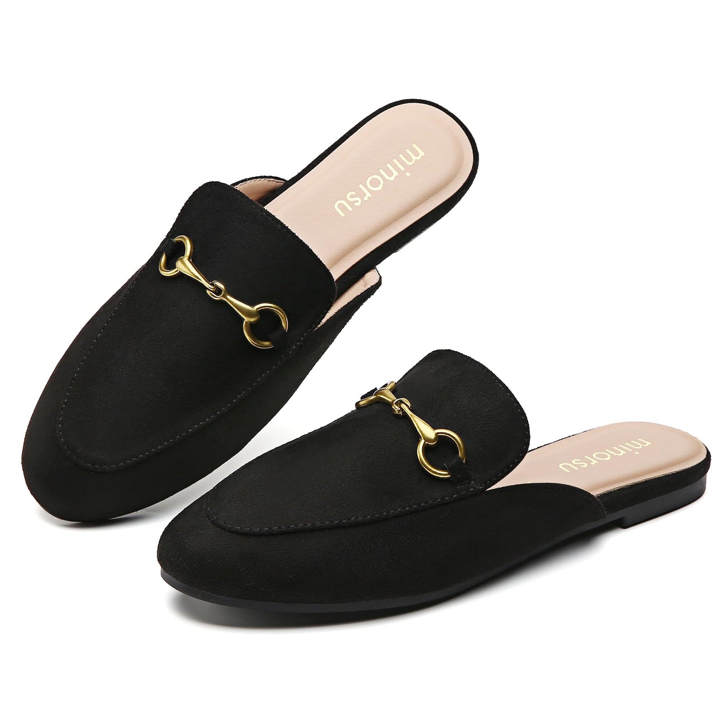 Minorsu Buckle Mules for Women Round Toe Backless Flat Mules Slides Mules Shoes Ladies Slip-on Loafers