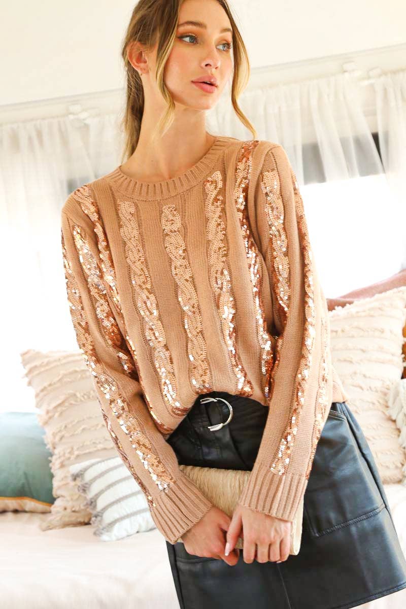 Vine & Love - Cable Sequin Detail Crew Neck Knitted Sweater Top VT70164