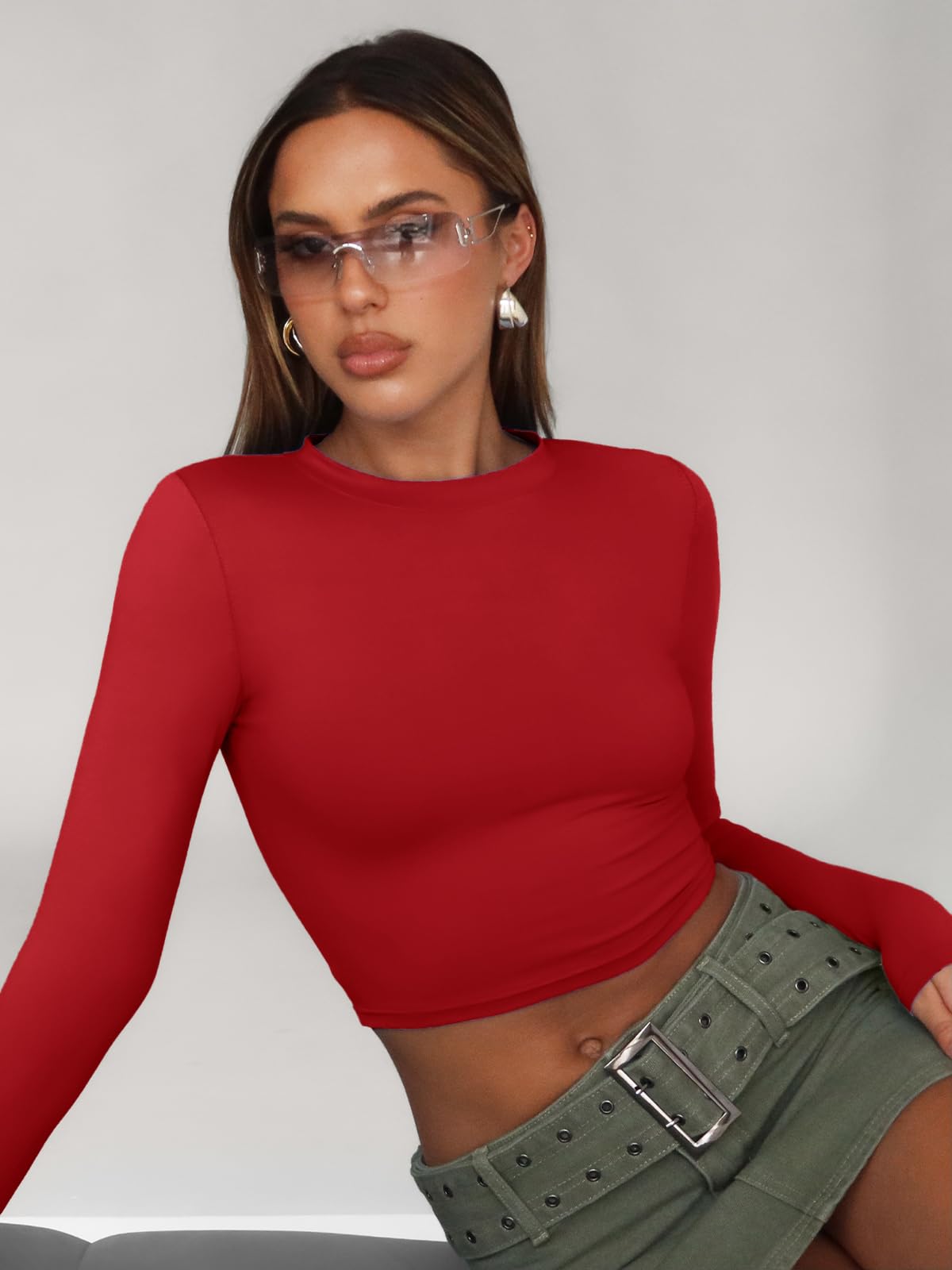 Trendy Queen Womens Long Sleeve Crop Tops Basic Slim Fitted Shirts Casual Fashion 2024 Y2k Tops Teen Girl Clothes