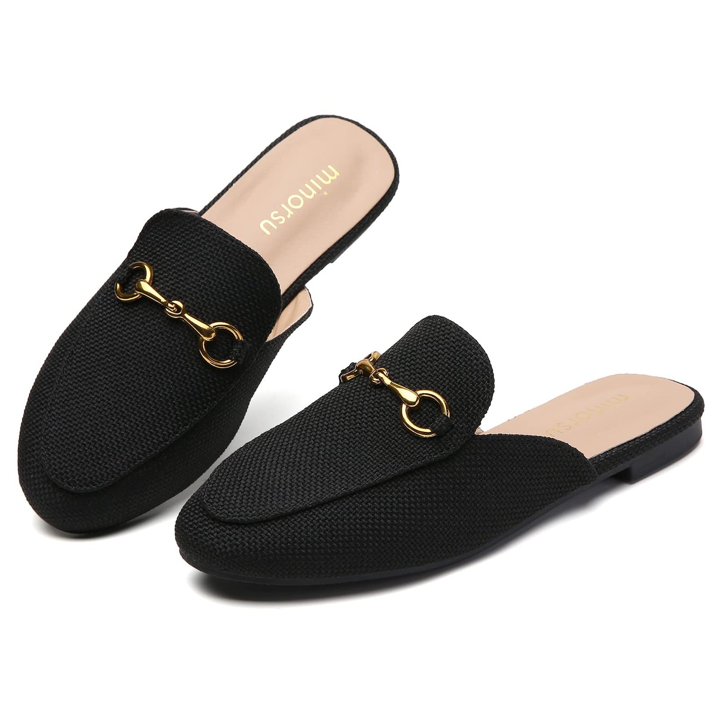 Minorsu Buckle Mules for Women Round Toe Backless Flat Mules Slides Mules Shoes Ladies Slip-on Loafers