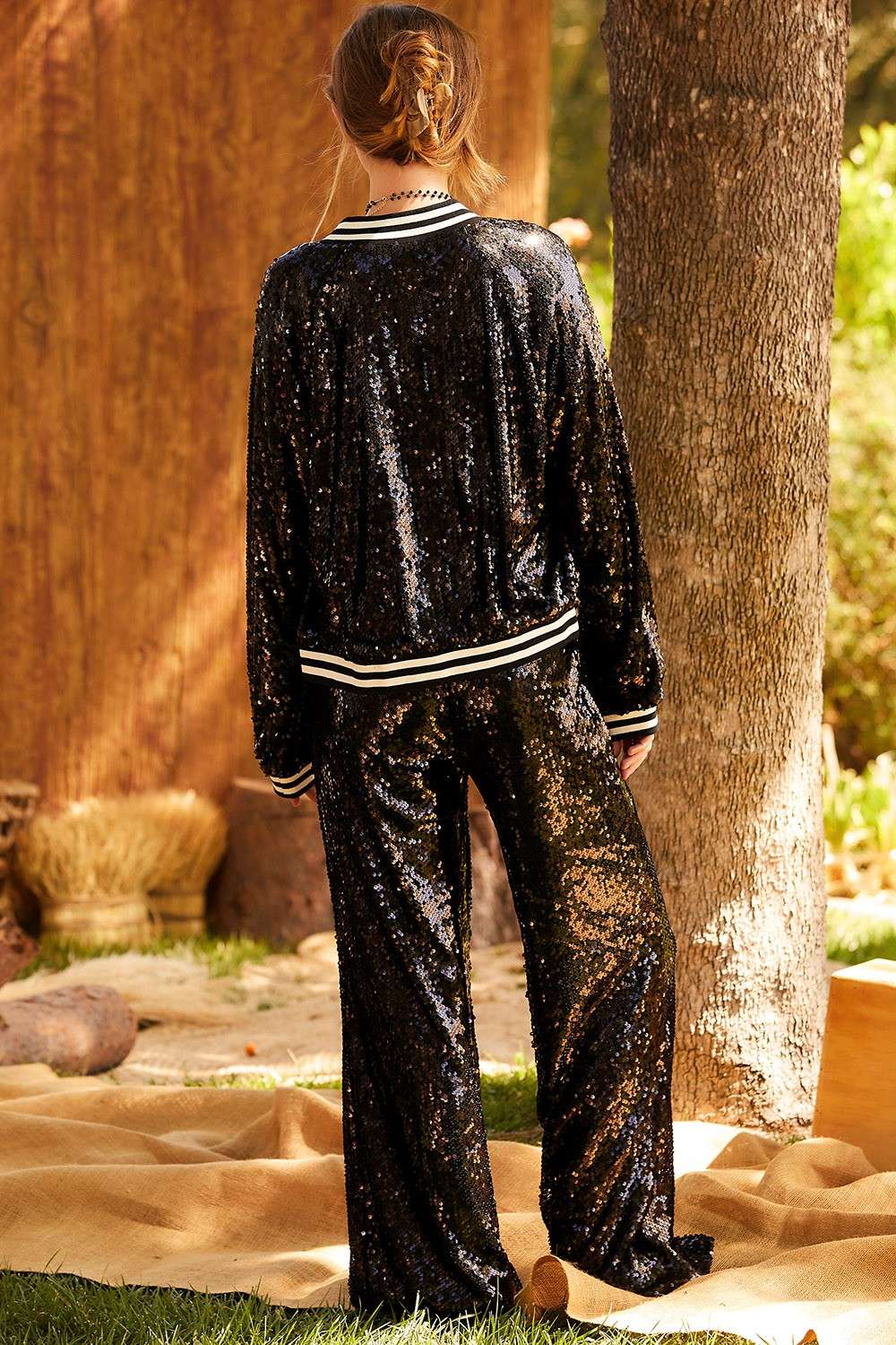 Main Strip - Waist Elastic Band Bell Sequin Wide Leg Pants