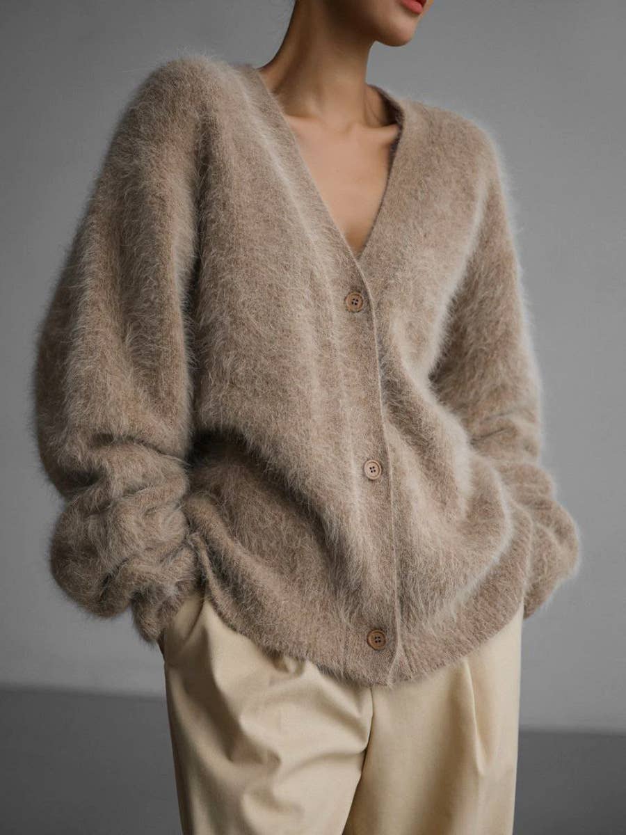 Rosa Clothing - Fluffy V-neck Button-down sweater Cardigan: Taupe / L