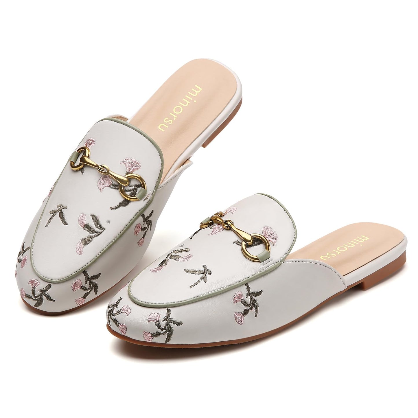 Minorsu Buckle Mules for Women Round Toe Backless Flat Mules Slides Mules Shoes Ladies Slip-on Loafers