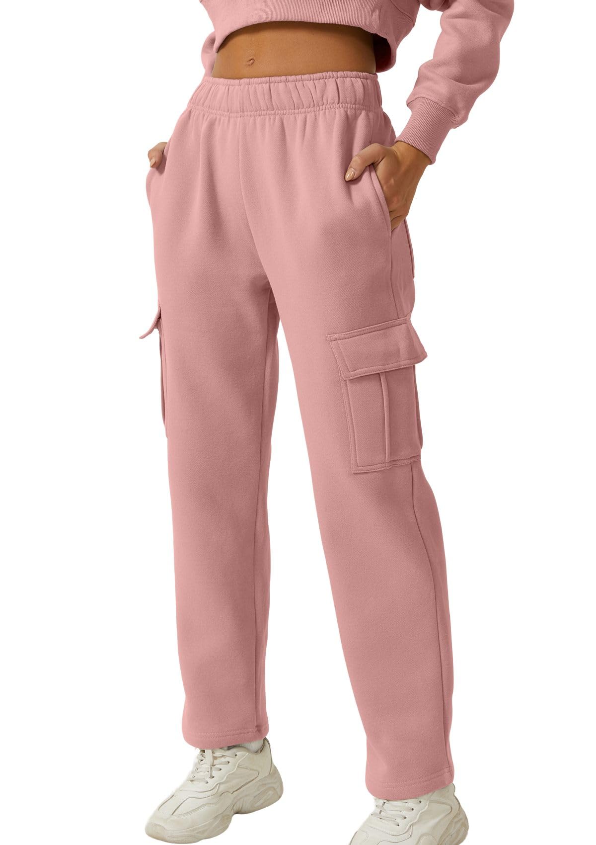 QINSEN Womens Medium Waist Baggy Elastic Waist Sweatpants Casual Fleece Long Pants with Pockets