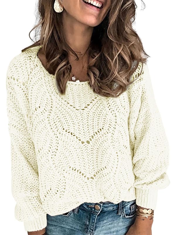 Dokotoo Womens Sweaters 2024 Cute Elegant Soft Crewneck Long Sleeve Hollow Cable Knit Pullover Tops