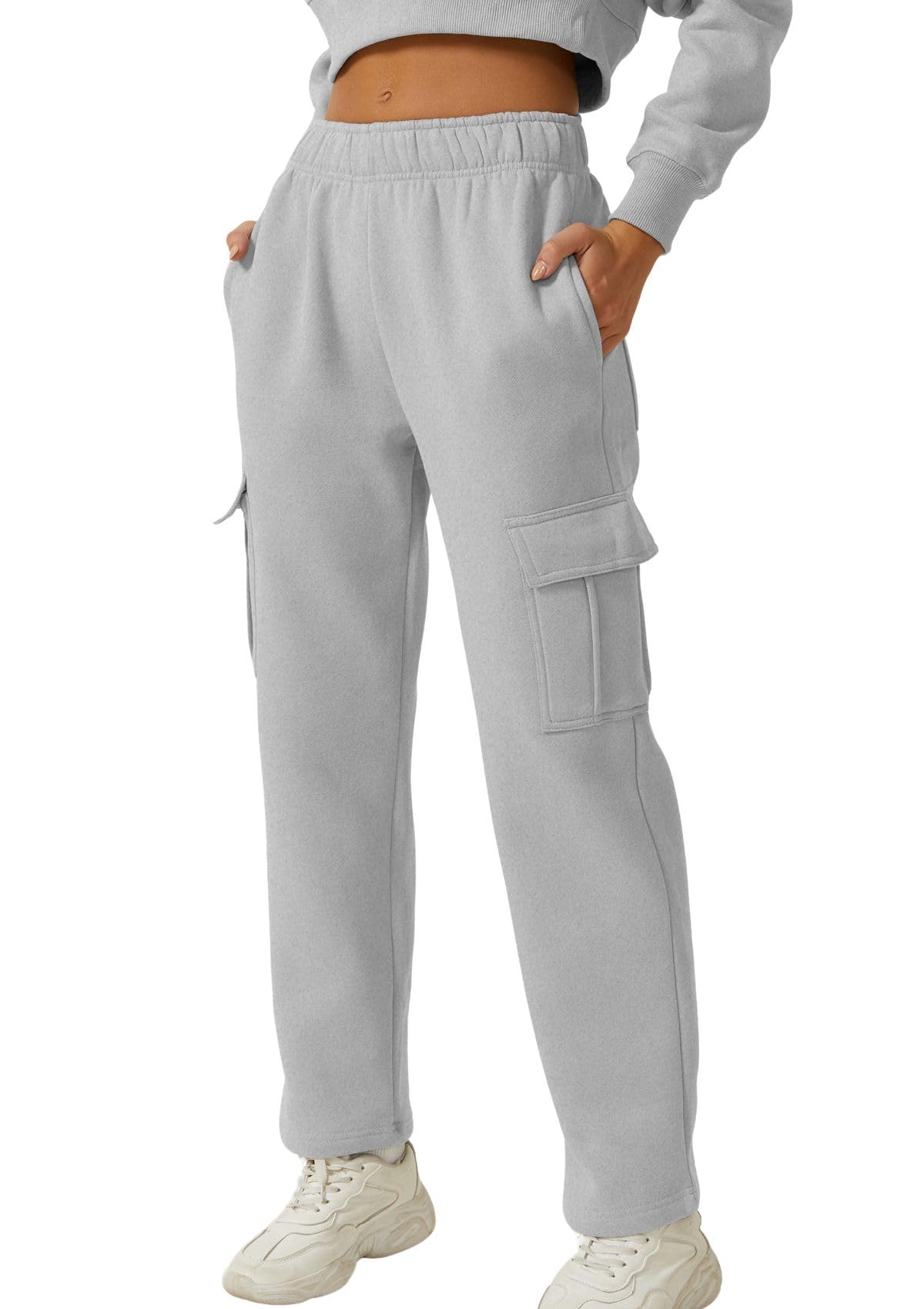 QINSEN Womens Medium Waist Baggy Elastic Waist Sweatpants Casual Fleece Long Pants with Pockets