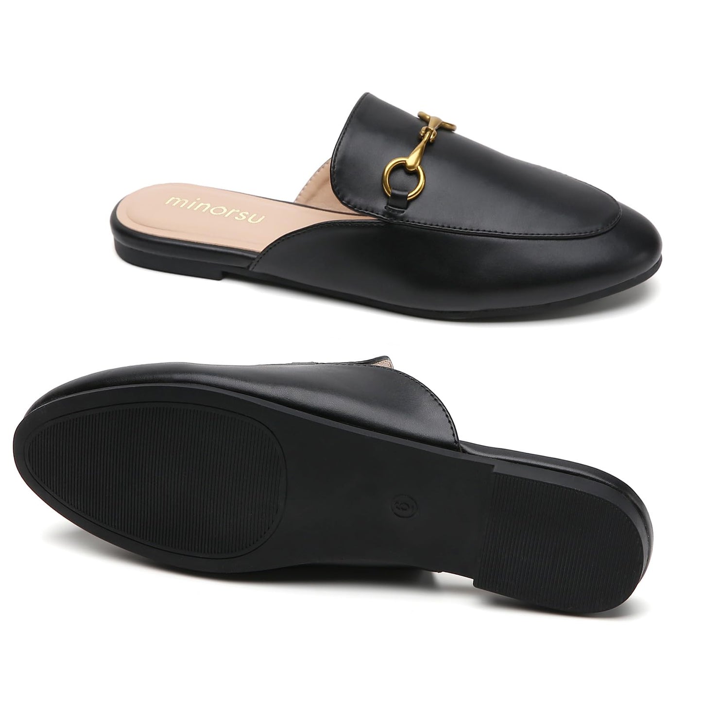 Minorsu Buckle Mules for Women Round Toe Backless Flat Mules Slides Mules Shoes Ladies Slip-on Loafers