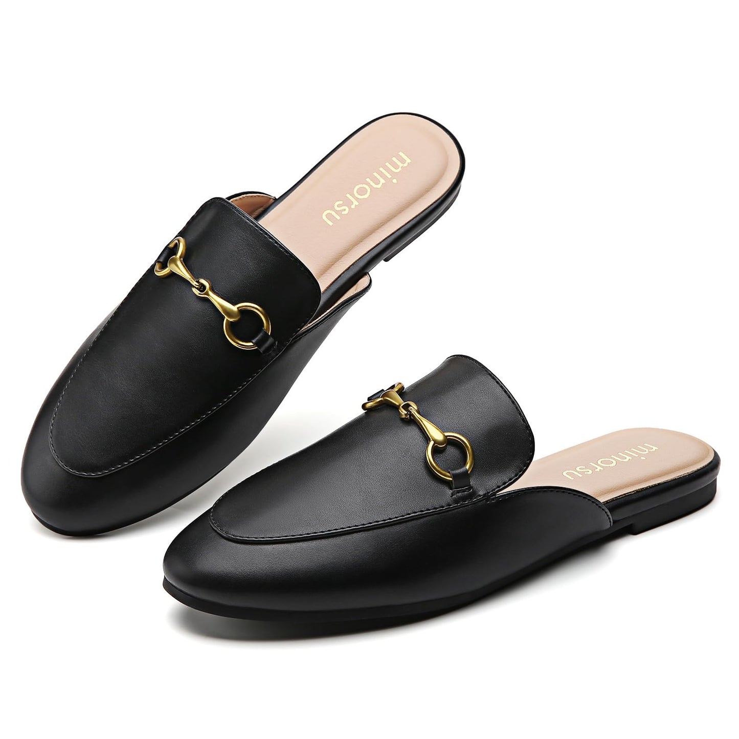 Minorsu Buckle Mules for Women Round Toe Backless Flat Mules Slides Mules Shoes Ladies Slip-on Loafers