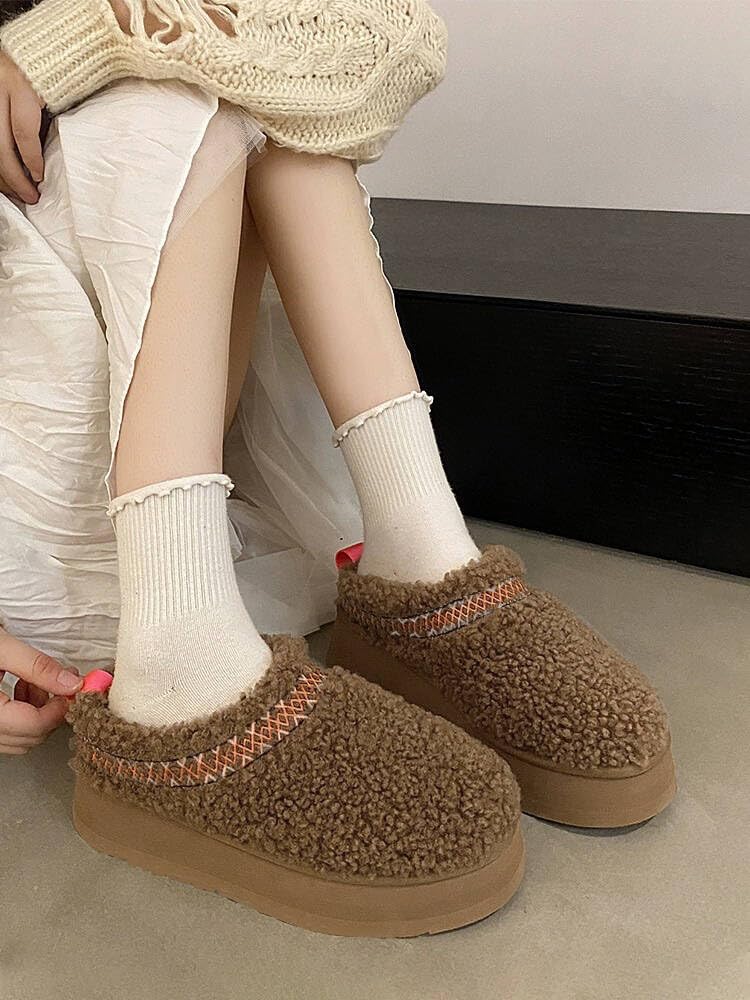 Women's Platform Slippers Mini Boots Braid Slippers with Plush Fleece Lining Fuzzy Slippers for Women Slip on Clogs