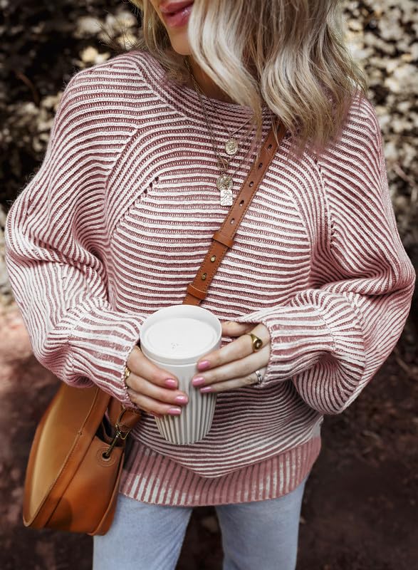 EVALESS Striped Sweaters for Women Boat Neck Batwing Sleeve Oversized Pullover Sweater Tops Womens Fall Clothes Outfits