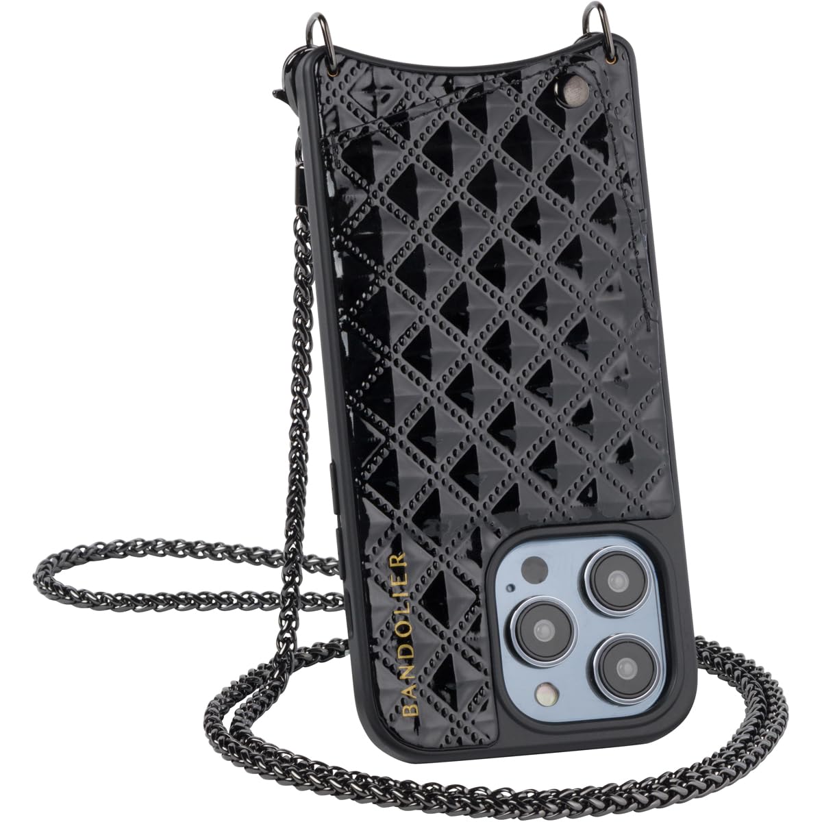 Bandolier Sheila Crossbody Phone Case and Wallet for iPhone 15 Pro Max - Pyramid Studded Vegan Leather with Pewter Snake Chain Strap