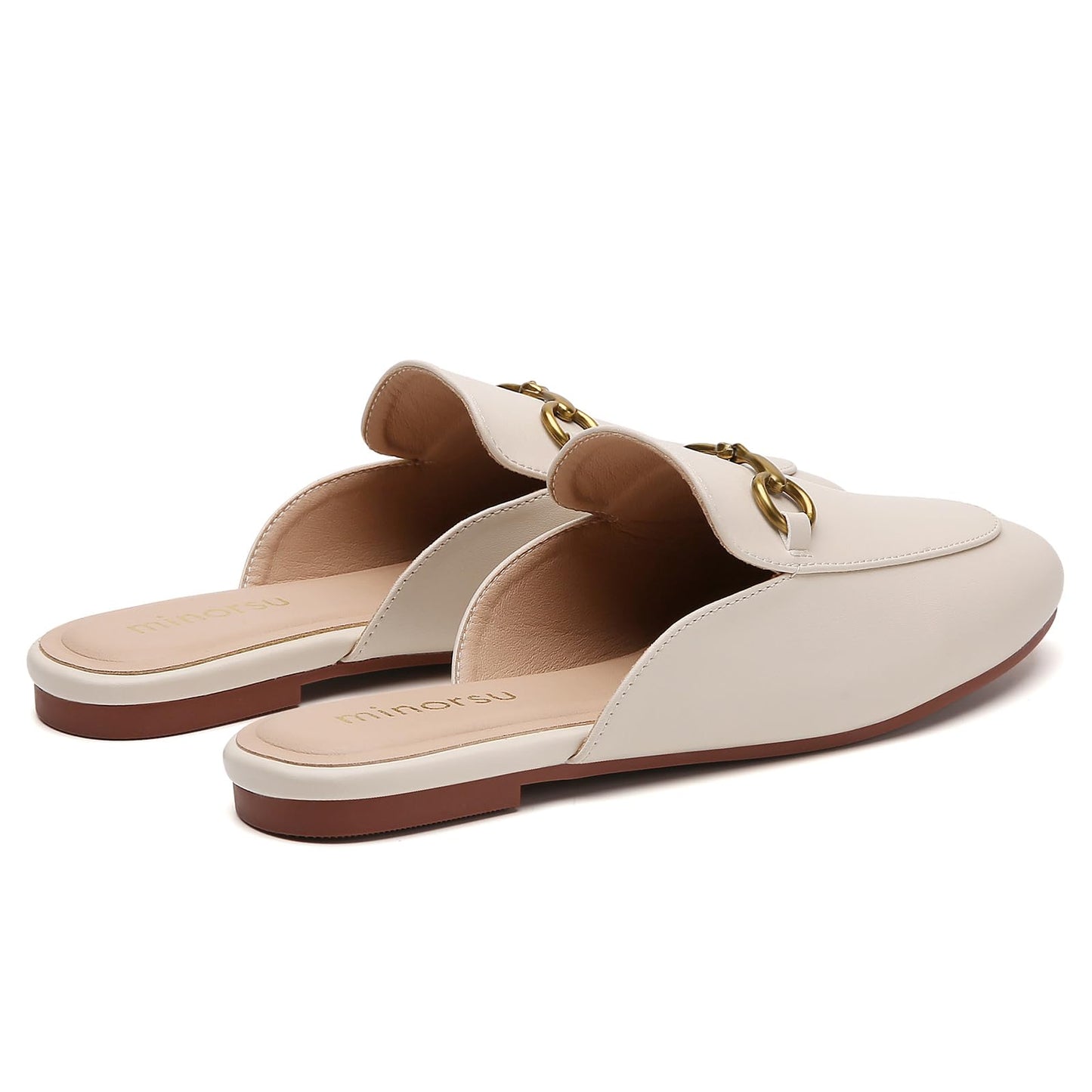 Minorsu Buckle Mules for Women Round Toe Backless Flat Mules Slides Mules Shoes Ladies Slip-on Loafers