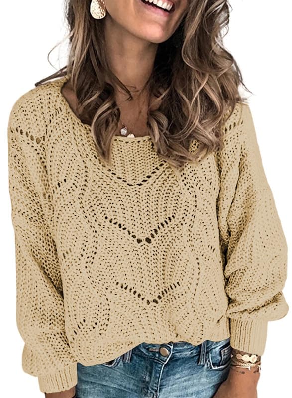 Dokotoo Womens Sweaters 2024 Cute Elegant Soft Crewneck Long Sleeve Hollow Cable Knit Pullover Tops