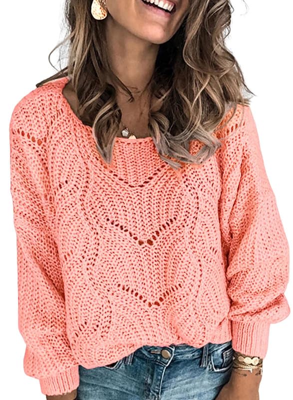 Dokotoo Womens Sweaters 2024 Cute Elegant Soft Crewneck Long Sleeve Hollow Cable Knit Pullover Tops