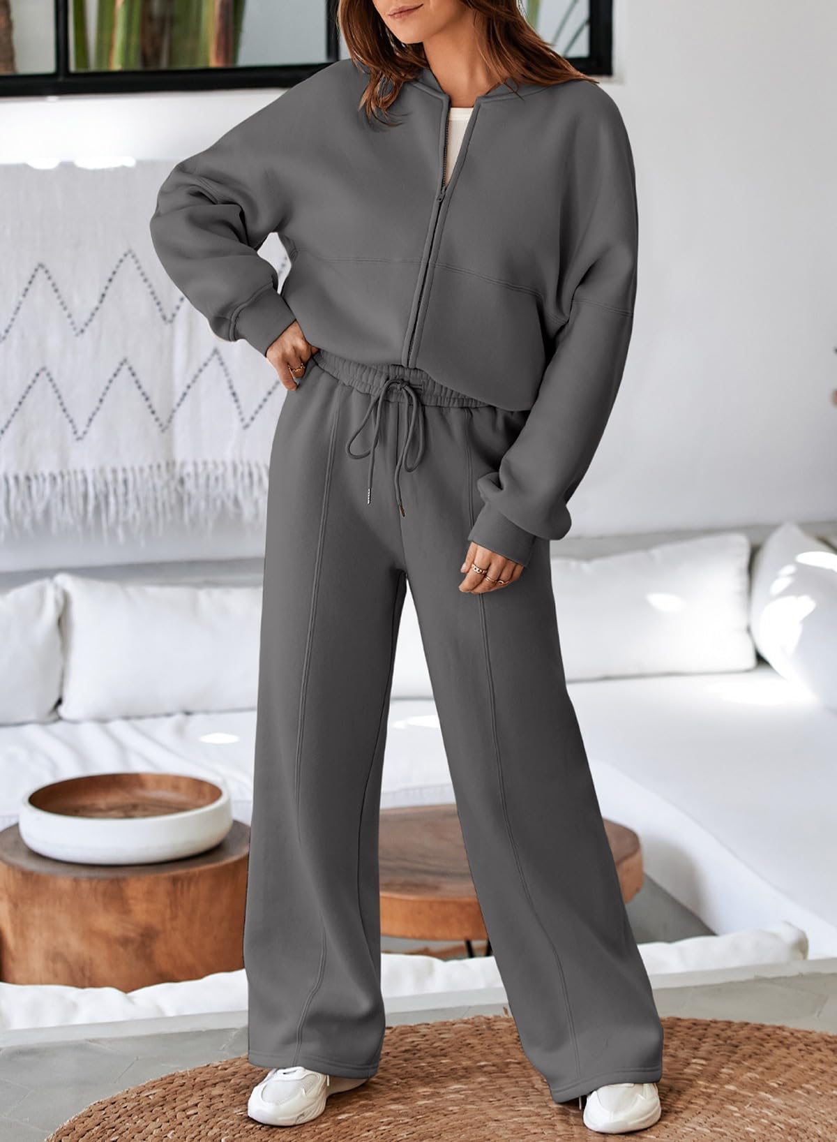 Aleumdr Women's 2 Piece Outfits Oversized Fleece Sweatsuit Zip Up Long Sleeve Sweatshirt with Wide Leg Sweatpants