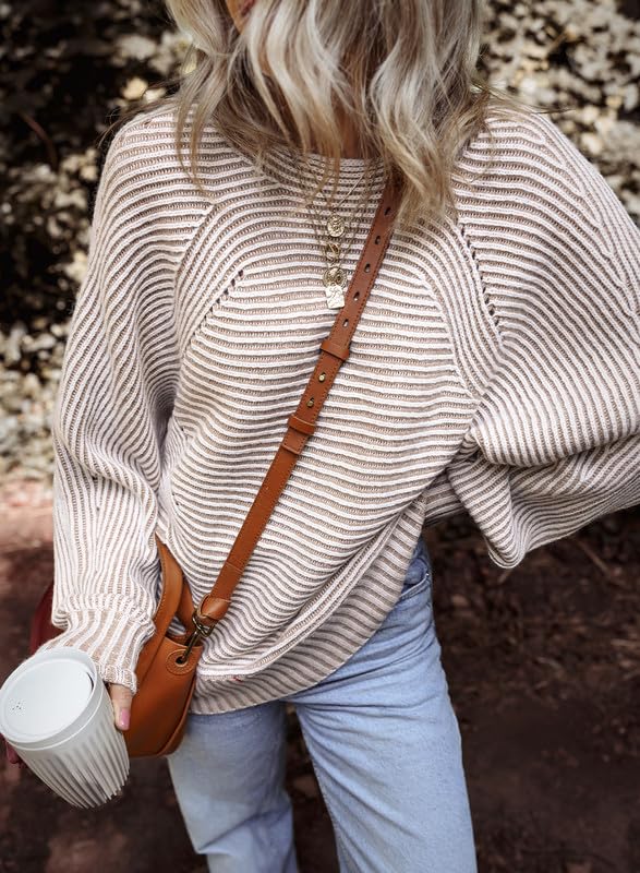 EVALESS Striped Sweaters for Women Boat Neck Batwing Sleeve Oversized Pullover Sweater Tops Womens Fall Clothes Outfits